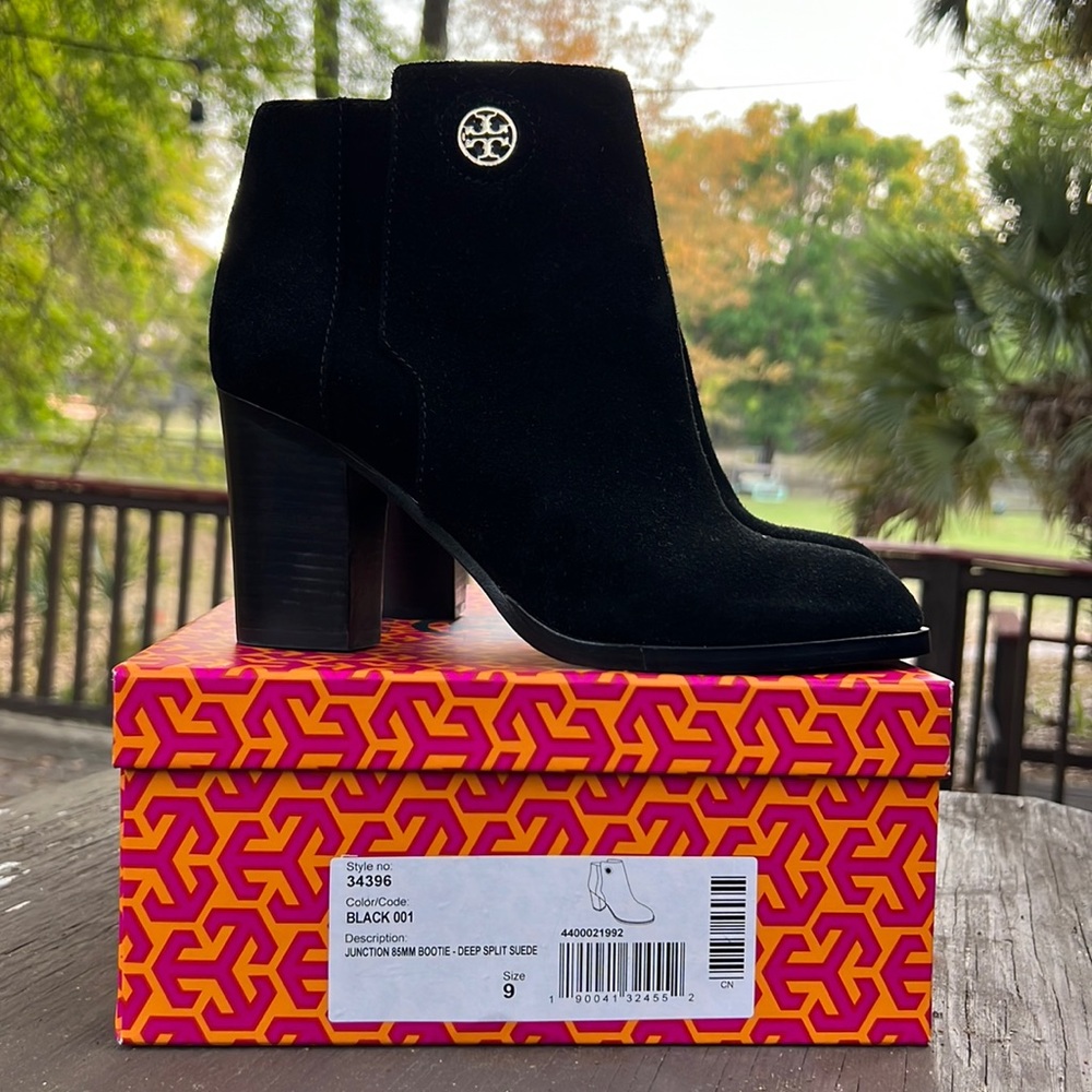 Tory Burch Junction Black 85mm chunky stacked heel bootie black suede leather